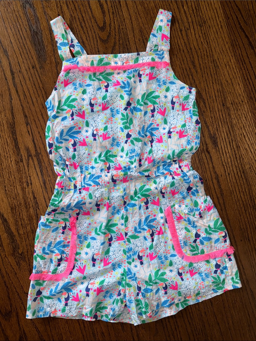 Mini Boden Light Blue Romper with Multicolor Tropical Print